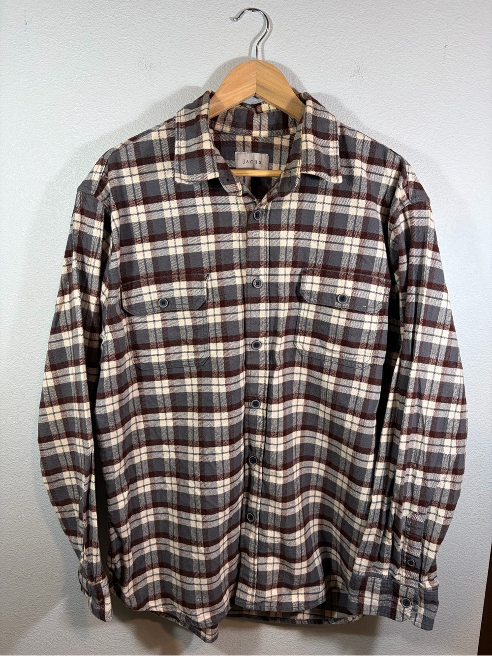 Jachs XL Brown Gray Plaid Flannel Overshirt Shirt Jacket